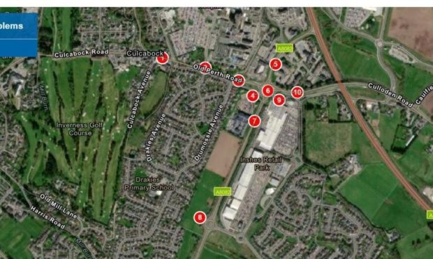 Map of the poorly-designed Inshes roundabout showing its problems.