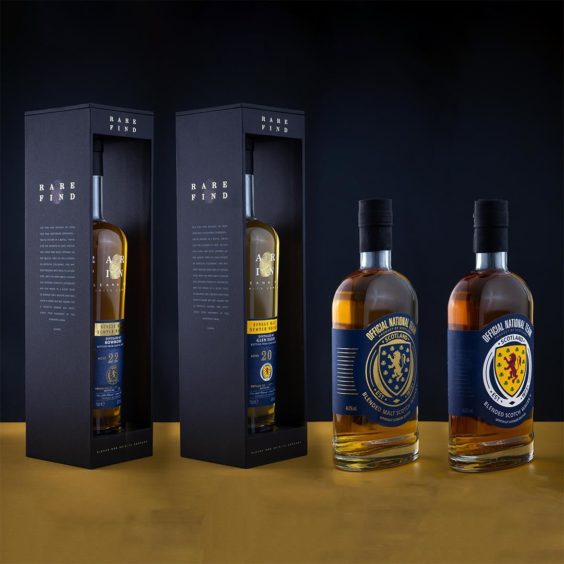 The full range of Scottish national team whiskies.