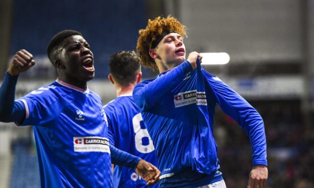 Nathan Young-Coombes celebrates after scoring for Rangers Colts against Wrexham in the Challenge Cup.