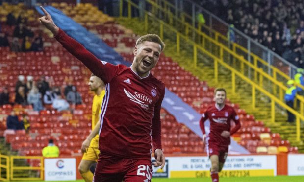 Aberdeens Bruce Anderson makes it 2-0 during a Ladbrokes Premiership match between Aberdeen and Livingston in December 2019.