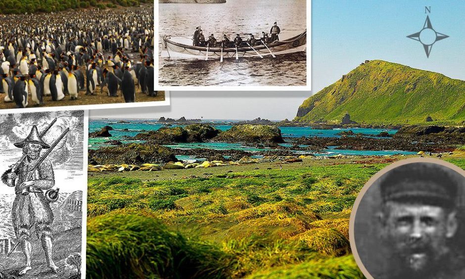 Left to right, an 18th century engraving of Robinson Crusoe, penguins on MacQuarrie Island, Alexander MacKay, standing, coxswain of the Wick lifeboat, MacQuarie Island, and bottom right, Alexander MacKay, master pilot in Wick