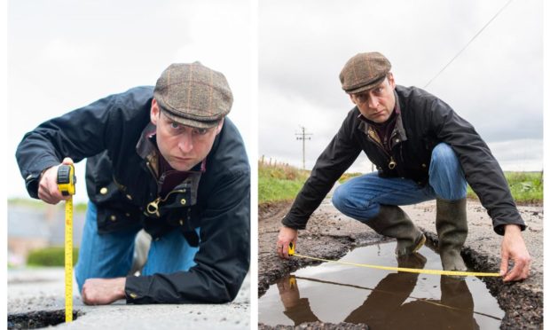 North-east MSP Liam Kerr demonstrating how large potholes are in the Netherley area.