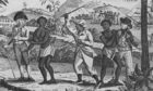 African captives for the Caribbean slave trade. In the foreground a women is whipped. Several groups of newly arrived slaves are leaving the port area in coffles. Late 18th century engraving.; Shutterstock ID 242290510; Purchase Order: -