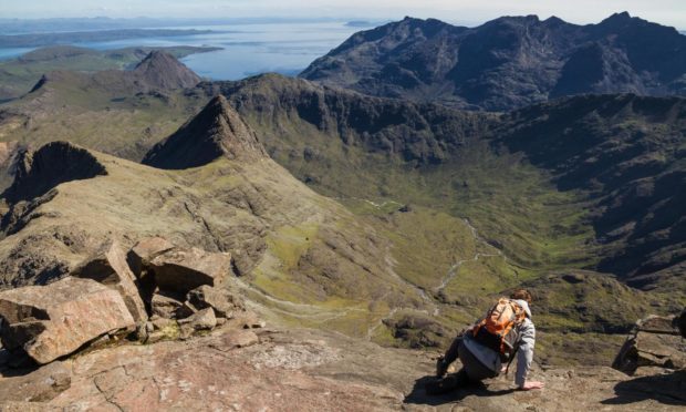 Scrambling down from the summit of Sgurr nan Gillean in the Cullin ridge on Skye.