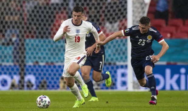 Scotland's Billy Gilmour and Mason Mount in action during a Euro 2020 match between England and Scotland at Wembley.