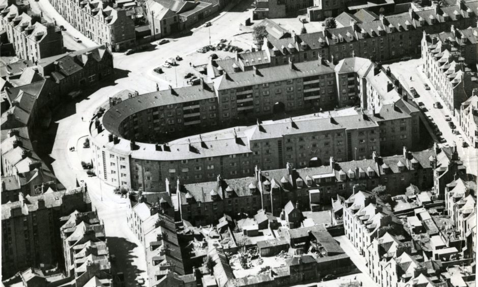 An aerial shot of the city's unique Art Deco Rosemount Square housing block, bathed in sunlight in 1966.