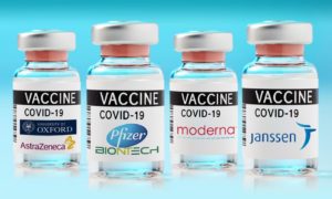 Vials of Covid-19 vaccine branded Oxford-AstraZeneca, Pfizer-BioNTech, Moderna and Janssen.