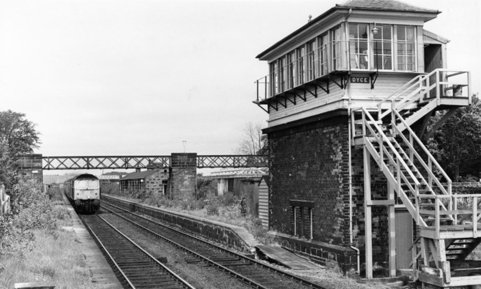 A train approaching Dyce Station, the start of the Formartine and Buchan Line, in 1960.
