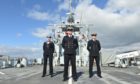 Annabel Trown Engineering Technician, Commanding Officer Ben Evans and Kieran Davies Sub Lt aboard HMS Spey.