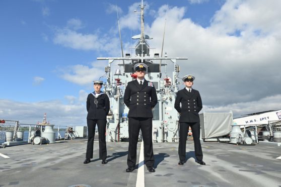 Annabel Trown Engineering Technician, Commanding Officer Ben Evans and Kieran Davies Sub Lt aboard HMS Spey.