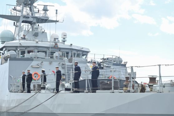 Sailors from the ships 45-strong crew stand on ceremony to celebrate the commissioning of the HMS Spey.