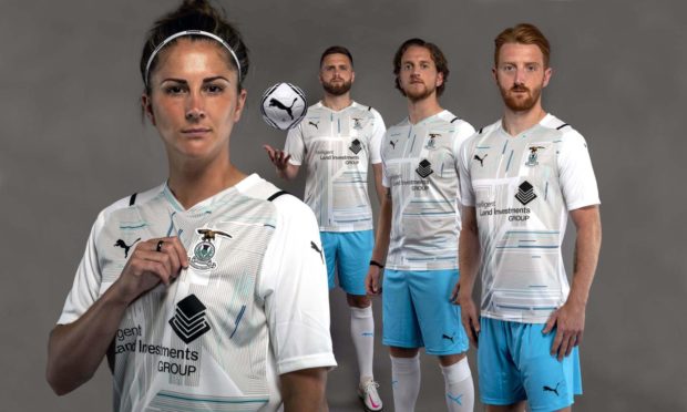 ICT's new away kits modelled by Natalie Bodiam, new signing Tom Walsh, centre-back Danny Devine and 2020/21 player of the year David Carson. Picture by Trevor Martin