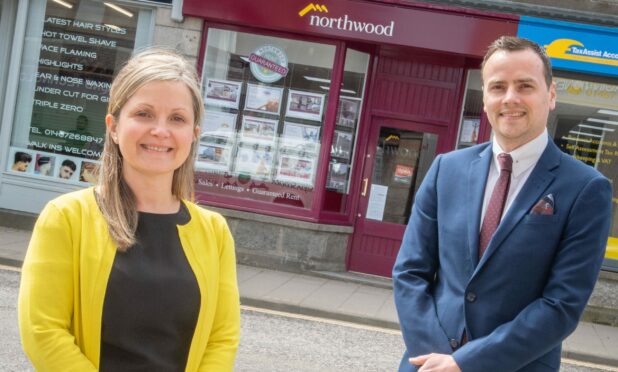 Northwood (Aberdeen) managing director Laura Mearns and operations director Matt Pullinger outside the new shop in Inverurie.