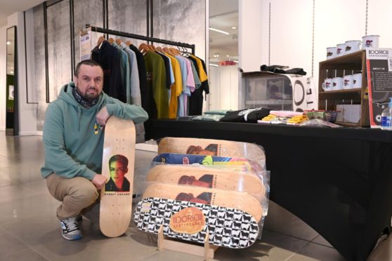 Pictured is Gary Kemp of Doric Skateboards at his stall at Curated Aberdeen, a new market set up inside the Bon Accord Centre. 
Picture by Darrell Benns
Pictured on 03/06/2021
CR0028702