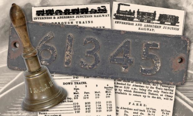 A rare 1857 bell from the first Inverness to Aberdeen Railway and the numberplate from a scrapped Aberdeen locomotive are to go to auction.