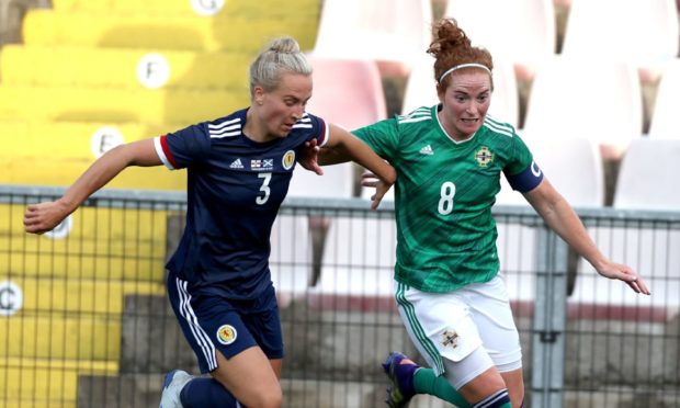 Scotland's Rachel McLauchlan, left, tussles with Northern Ireland's Marissa Callaghan