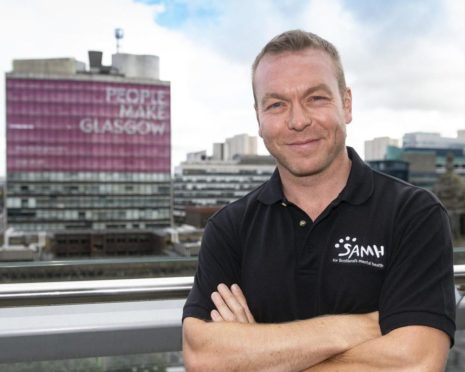 To go with story by Jake Keith. Olympic legend Sir Chris Hoy is backing the Feel Your Personal Best campaign. Sir Chris, who is Great Britain?s joint-most successful Olympic athlete of all time, has been SAMH?s Ambassador for over ten years.  Picture shows; Chris Hoy supporting SAMH (Scottish Association for Mental Health). Glasgow. Supplied by SportScotland Date; Unknown