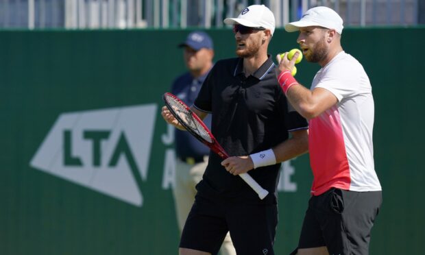 Jamie Murray (left) and Luke Bambridge in their match against Fabrice Martin and Edouard Roger-Vasselin during day five of the Viking International at Devonshire Park, Eastbourne.