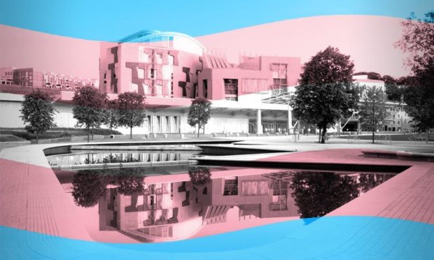 A blue and pink graphic of the Scottish Parliament building