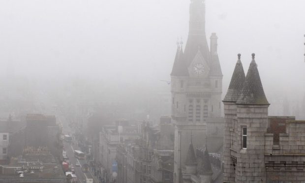 Aberdeen City Centre fog haar cityscape