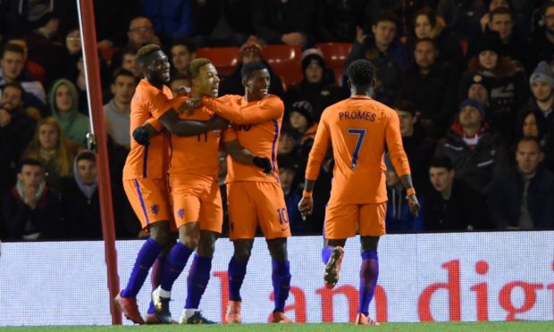 Netherlands' Memphis Depay celebrates scoring to put Netherlands Dutch 1-0 ahead at Pittodrie.