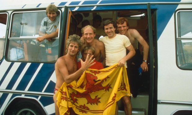 Rod Stewart alongside Scotland stars Alan Rough, John Robertson, Alan Brazil and Alex McLeish at the 1982 World Cup.