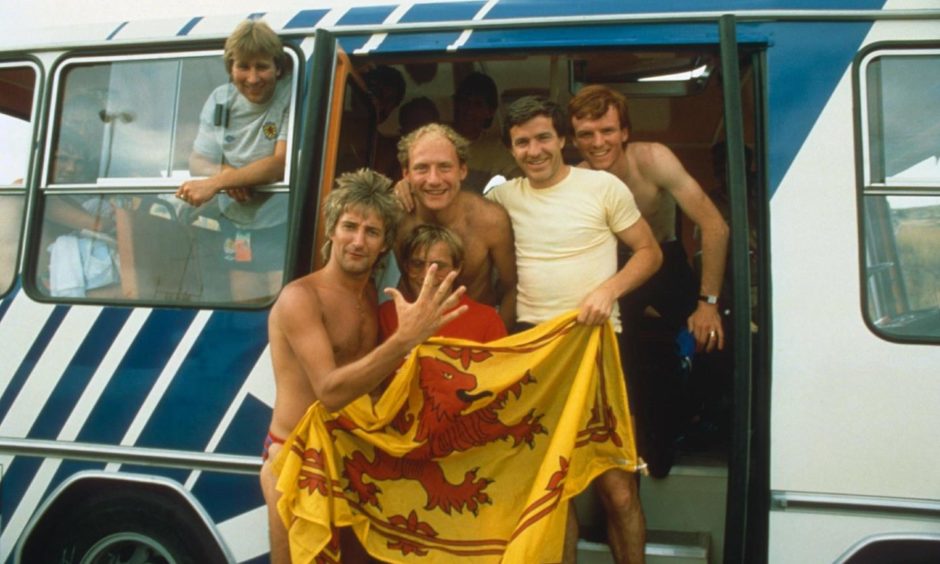 Rod Stewart with Scotland Football Team During the World Cup - 1982