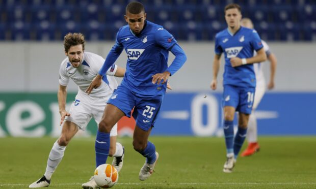 David Cancola (left) in action for Liberec against Hoffenheim's Kevin Akpoguma in the Europa League.
