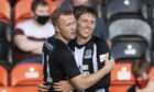 Elgin City striker Kane Hester, right, celebrates his goal against Dundee United with Connor O'Keefe.