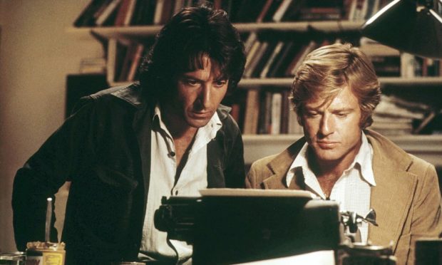 Robert Redford and Dustin Hoffman, left, type up Nixon's downfall in All The President's Men.