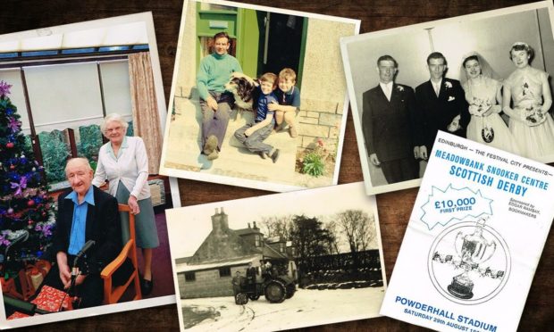 Charlie with his sister-in-law Chrissie Tait; Charlie with nephews Andy and Davie and dog Fly at Hill Farm; Charlie, left at a family wedding; a programme from Powderhall Stadium where Charlie was a frequent visitor; a scene from Hill Farm.