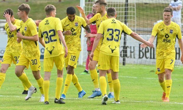 Ross County celebrate scoring in their 5-0 pre-season win at Elgin City.