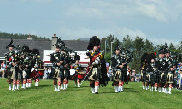The Lonach Pipe Band at the Dufftown Highland Games in 2019