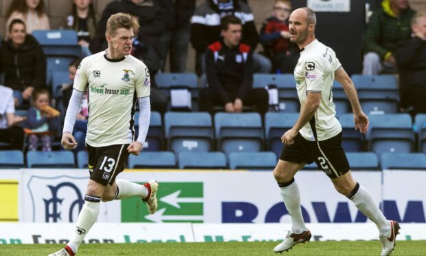 Billy Mckay, left, is joined by David Raven after scoring for ICT against Dundee in 2017.