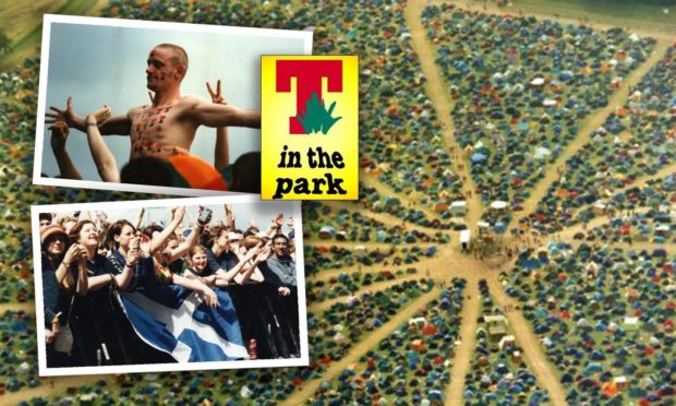 An aerial view of tents at T in the Park in 1999 with revellers from 1997 and 1998 inset.