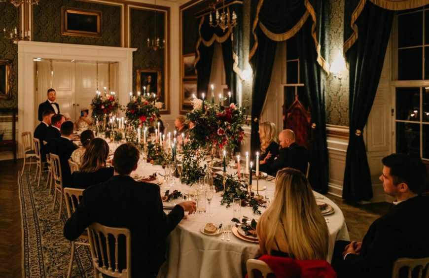 Guests seated for a meal at Drumtochty Castle