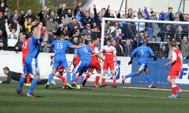Marvin Andrews, who scored an own goal in the first leg at Dudgeon Park, scores in the 3-1 win for Montrose to see off Brora in the 2015 play-off final.