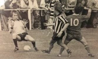 Jim Oliver scoring for Fraserburgh against Aberdeen in 1978/99 in Bertie Bowie's testimonial match. The Dons players are goalkeeper Jim Leighton and Dougie Bell.