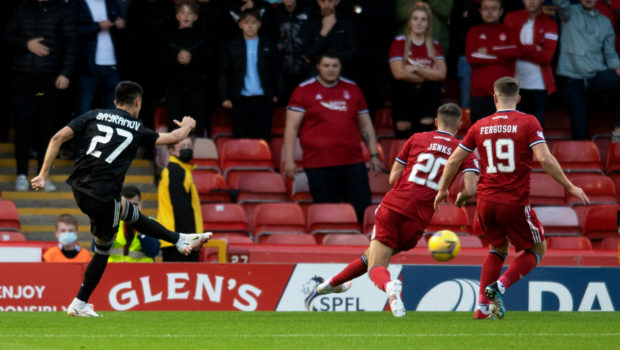 Qarabag's Turav Bayramov scores the opening goal during a UEFA Conference League play-off second leg against Aberdeen at Pittodrie.