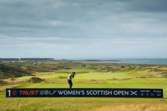 Aroya Jutanugarn hits through the winds at the Women's Scottish Open.