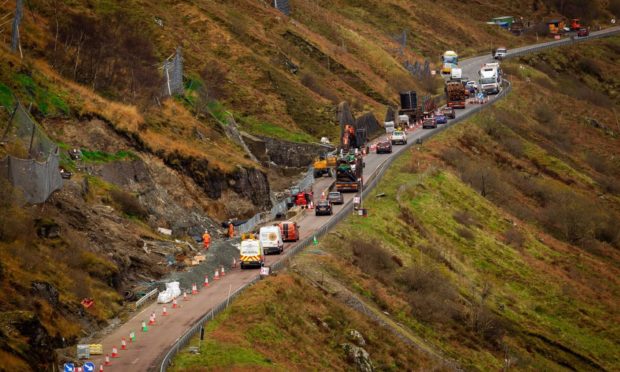 Road works on the A83 where the landslides have occurred.