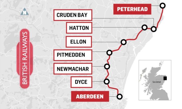 The proposed route the new rail line would follow from Aberdeen to Peterhead.