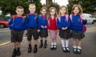 Primary 1 pupils start at Crown Primary school.  Pictured: Ben Rodden, Connor McRobert, Lauren and   Georgia Murphy, Anna Reid and Freya Muir.