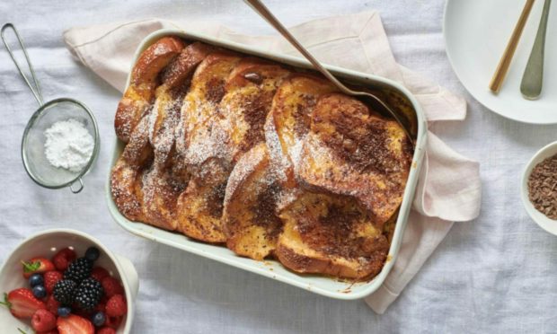 Dark chocolate and marmalade bread and butter pudding.