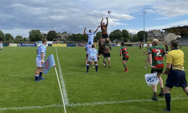 Line-out action from Edinburgh Accies v Highland.