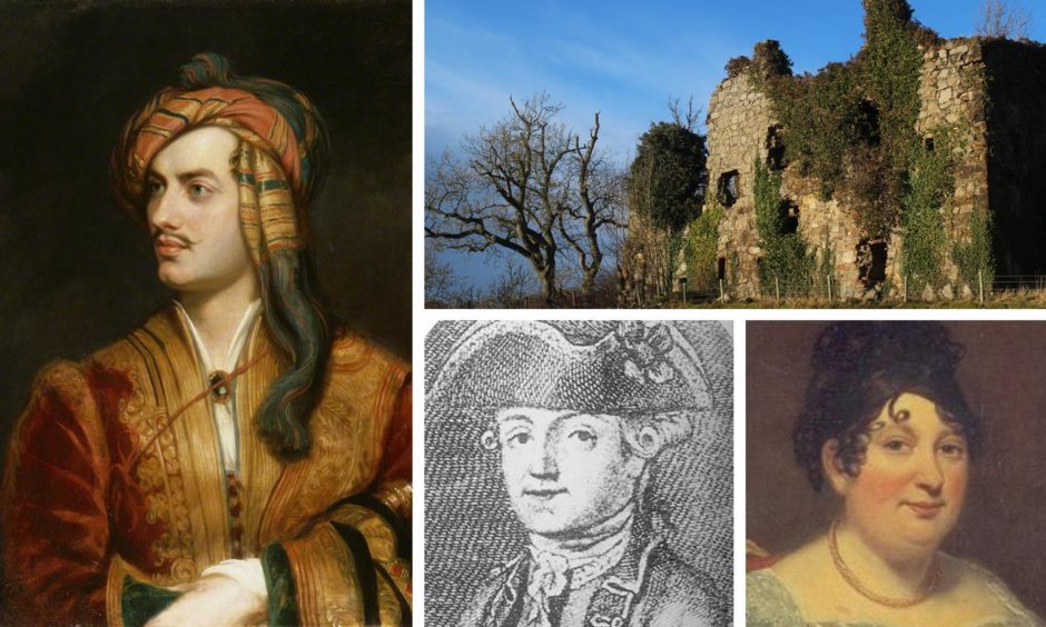 A collage of images; Lord Byron, his father Jack, mother Catherine and Gight Castle in Aberdeenshire