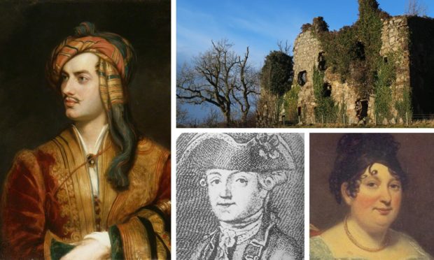 The poet Lord Byron, his mother and father and Gight Castle in Aberdeenshire which belonged to his mother Catherine Gordon
