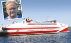 Joe Reade, chairman of Mull and Iona Ferry Committee, and MV Pentalina, similar to the new build catamaran which will not be purchased for the islands.