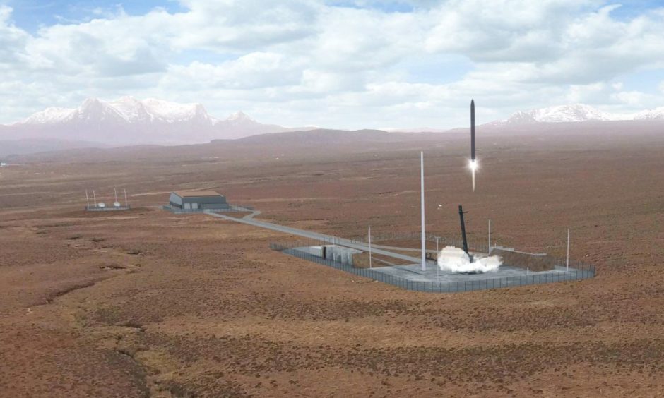 A rendering of a rocket taking off at the proposed spaceport site in scotland