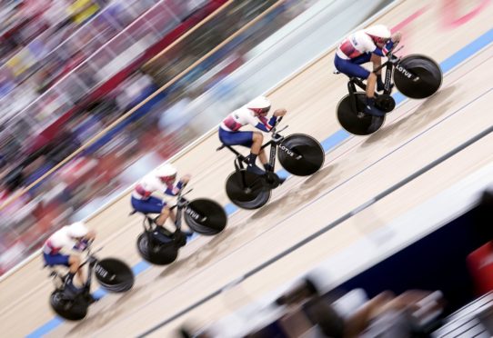 Great Britain's men's pursuit team in action at the Izu Velodrome. Picture by PA.